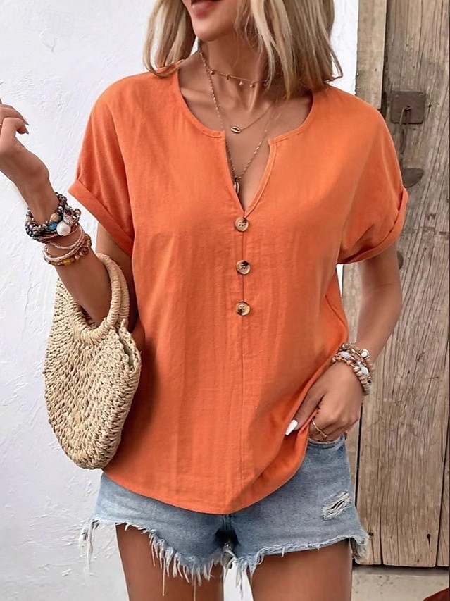 Damen Übergröße Sommeroberteile Knöpfe Einfarbig Lässig Kurzarm V Ausschnitt Normale Oberteile Ausgehen Wochenende Schwarz Weiß Orange cremefarben Grau Sommer 2026 - $24.99 –P4