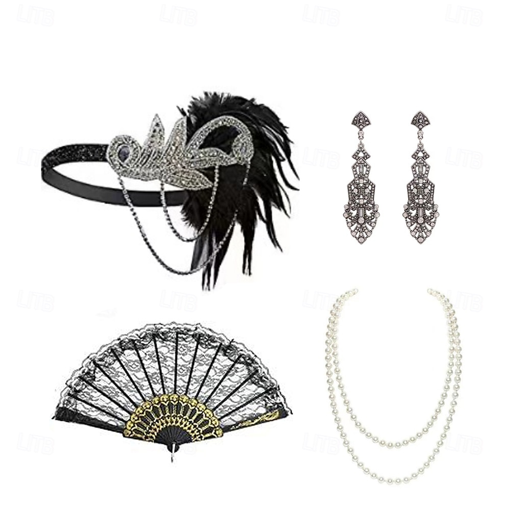 1920-as évek A nagy Gatsby Flapper fejpánt Gyöngyös karkötő Fülbevaló A nagy Gatsby Toll Retro Csillogó glitter Kristály / Strassz Női Farsang Valentin nap Álarcos mulatság Party estélyi viselet 2025 - $23.99 –P5