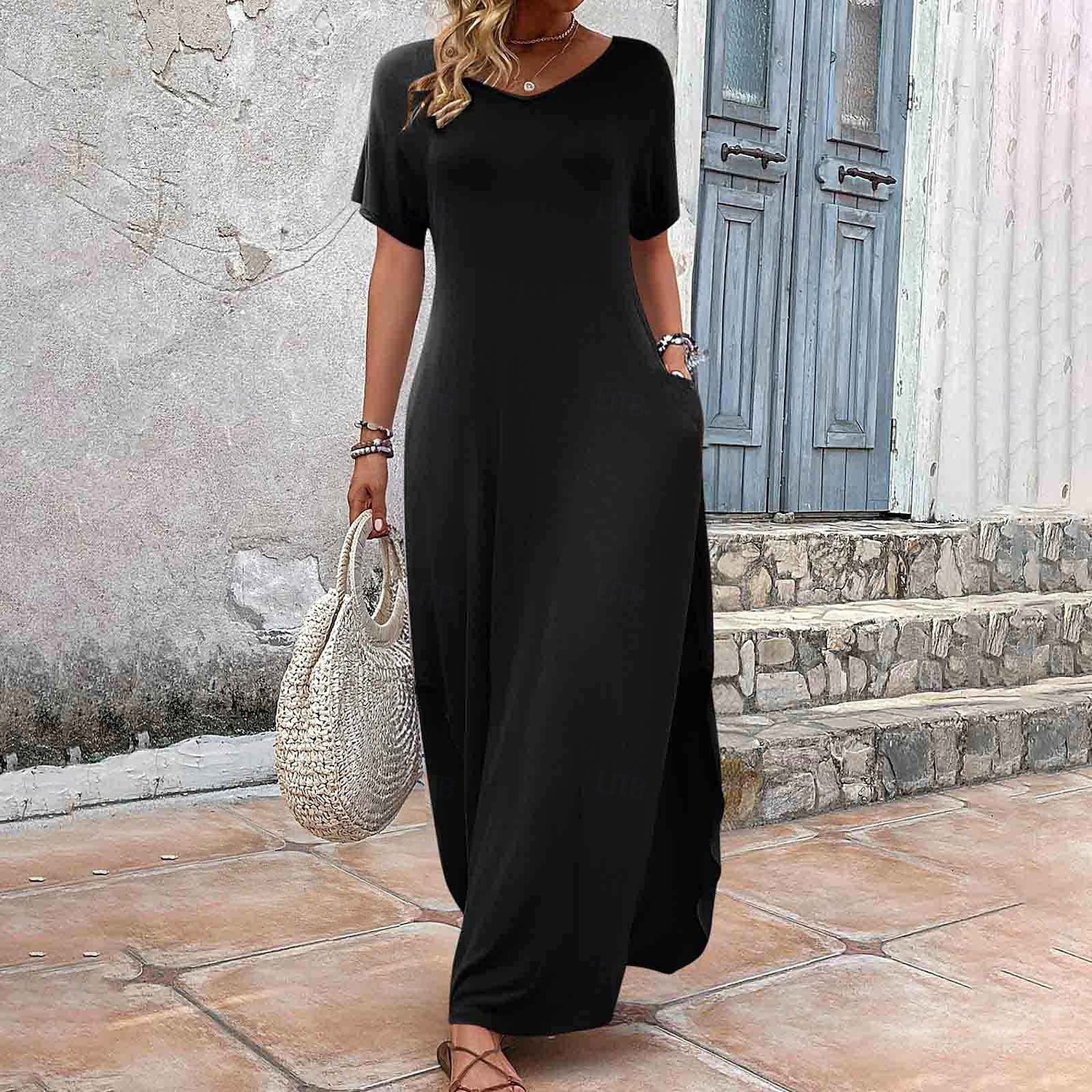 Abito maxi da donna abito estivo in tinta unita casual uso quotidiano vacanze vestibilità regolare semplice a maniche corte scollo a V nero rosa viola verde estate del 2025 a €22.99 –P5