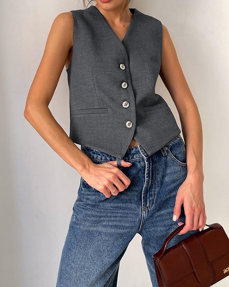 Femmes Actif Mode Chemisier Gilet Ensembles de Pantalons Sans manches Col en V Couleur Unie Dubbele Rij Knopen Extérieur Fête Noir Marron Gris Été Coupe régulière de 2025 ? $39.99 –P18