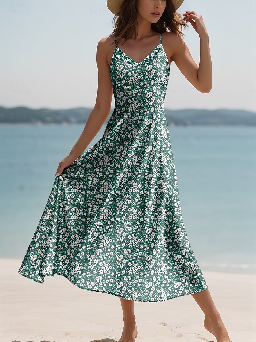 Women's Maxi Dress Sundress A Line Dress Summer Dress Slip Dress Elegant Vacation Casual Regular Fit Floral Graphic Sleeveless V Neck Spaghetti Strap Red Blue Green Summer Spring 2025 - $28.99 –P1