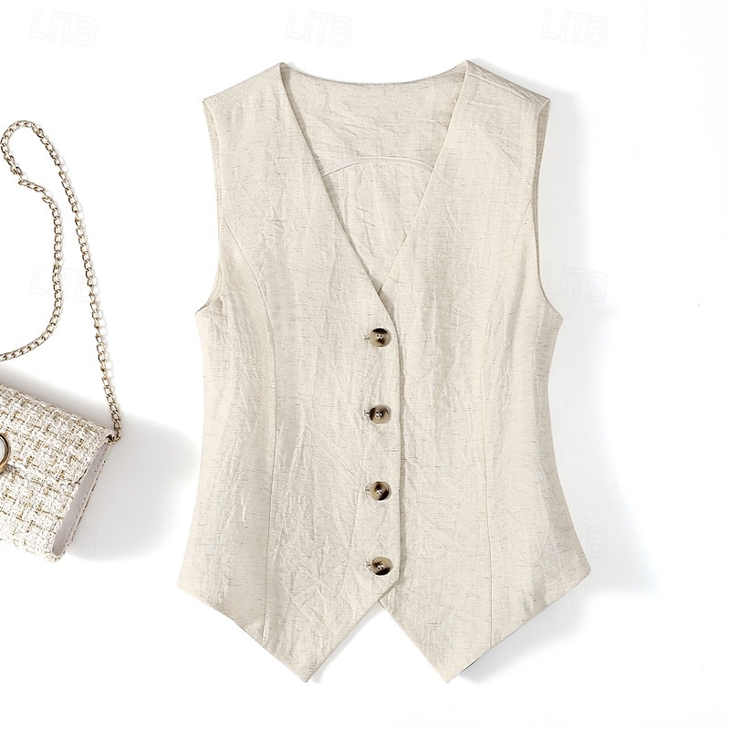 Gilet en coton et lin pour femme, uni, moderne, sans manches, col en V, régulier, pour tous les jours, pour sortir, boutons, noir, beige, été de 2025 ? $25.99 –P1