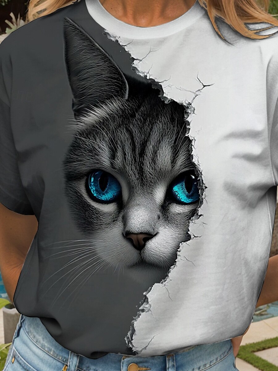 Dame T skjorte Grafisk Dyr Katt Årgang Stilfull Klassisk Kortermet Crew-hals Rund hals Vanlige topper Daglig Helg Trykt mønster Hvit og grå Sommer Vår 2025 - $19.99 –P3