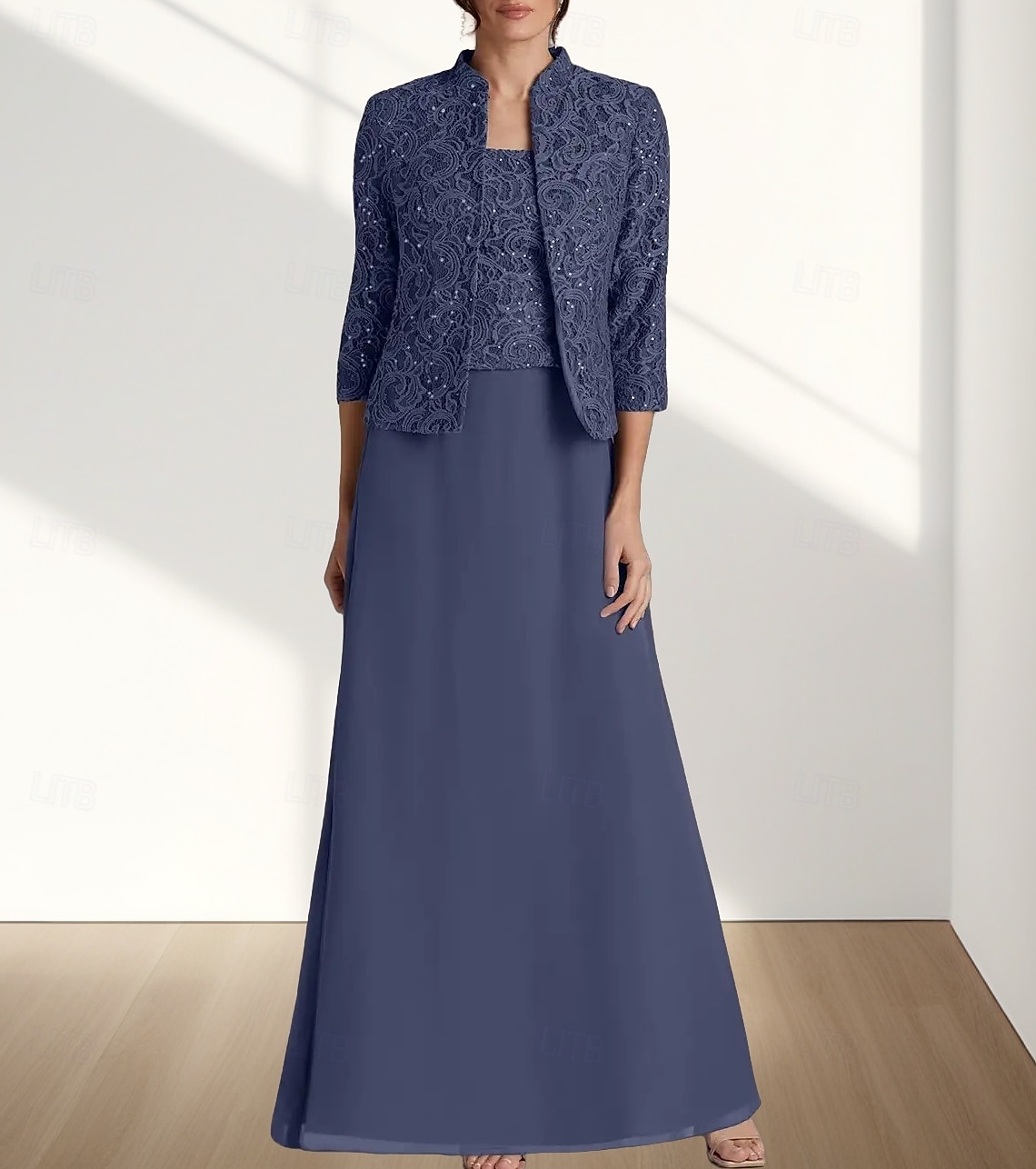 Due Pezzi Linea ad A Abito da cerimonia per signora Ospite di nozze Elegante Collo quadrato Lunghezza al pavimento Chiffon Pizzo Manica 3/4 con Pizzo 2025 del 2025 a $188.99 –P1