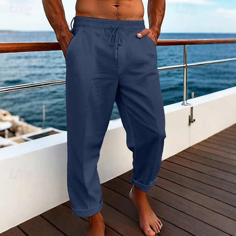 Homens Calças de linho Calças Calça verão Calças largas Calças de praia Com Cordão Cintura elástica Perna reta Tecido Conforto Respirável Comprimento total Casual Diário Feriado Férias Moda Branco de 2025 por $21.99 –P4