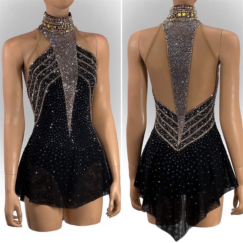 Vestido de patinaje artístico Mujer Chica Patinaje Sobre Hielo Vestidos Negro Retazos Costura asimétrica Malla Alta elasticidad Entrenamiento Competición Ropa de Patinaje Clásico Cristal / Strass Sin 2026 - $252.29 –P1