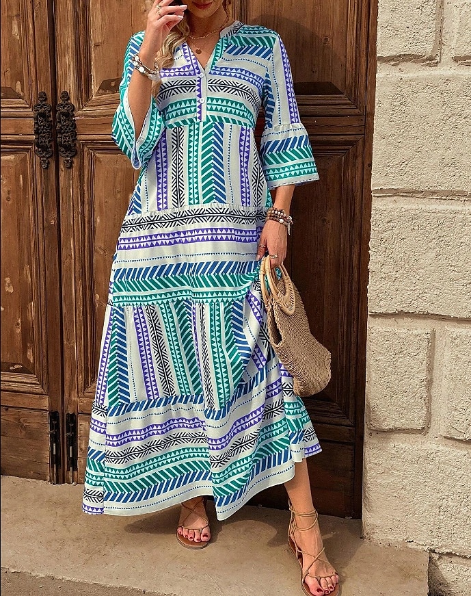 Dame Maxikjole Solkjole Kjole med A-linje Fit And Flare Dress Ferie Fritid Bohem utendørs Fest Ut på byen Normal Grafisk Geometrisk Stamme Ermeløs V-hals Rød Blå Grønn Sommer Vår 2025 - $36.99 –P6