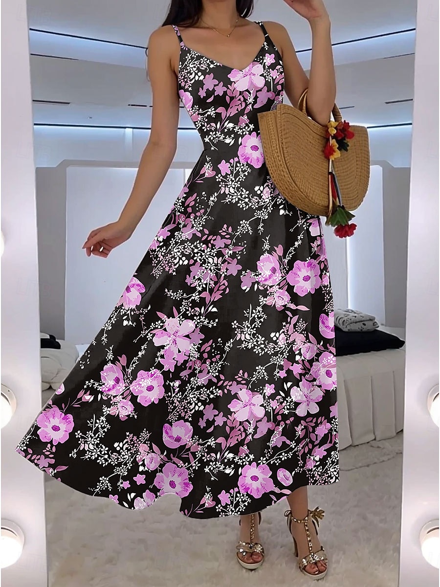 Damen Maxikleid A Linie Kleid Unterkleid Urlaub Lässig Boho Hochzeit Outdoor Ausgehen Normale Passform Blumen Grafik Ärmellos V Ausschnitt Rosa Blau Orange Sommer Frühling 2025 - $34.99 –P4