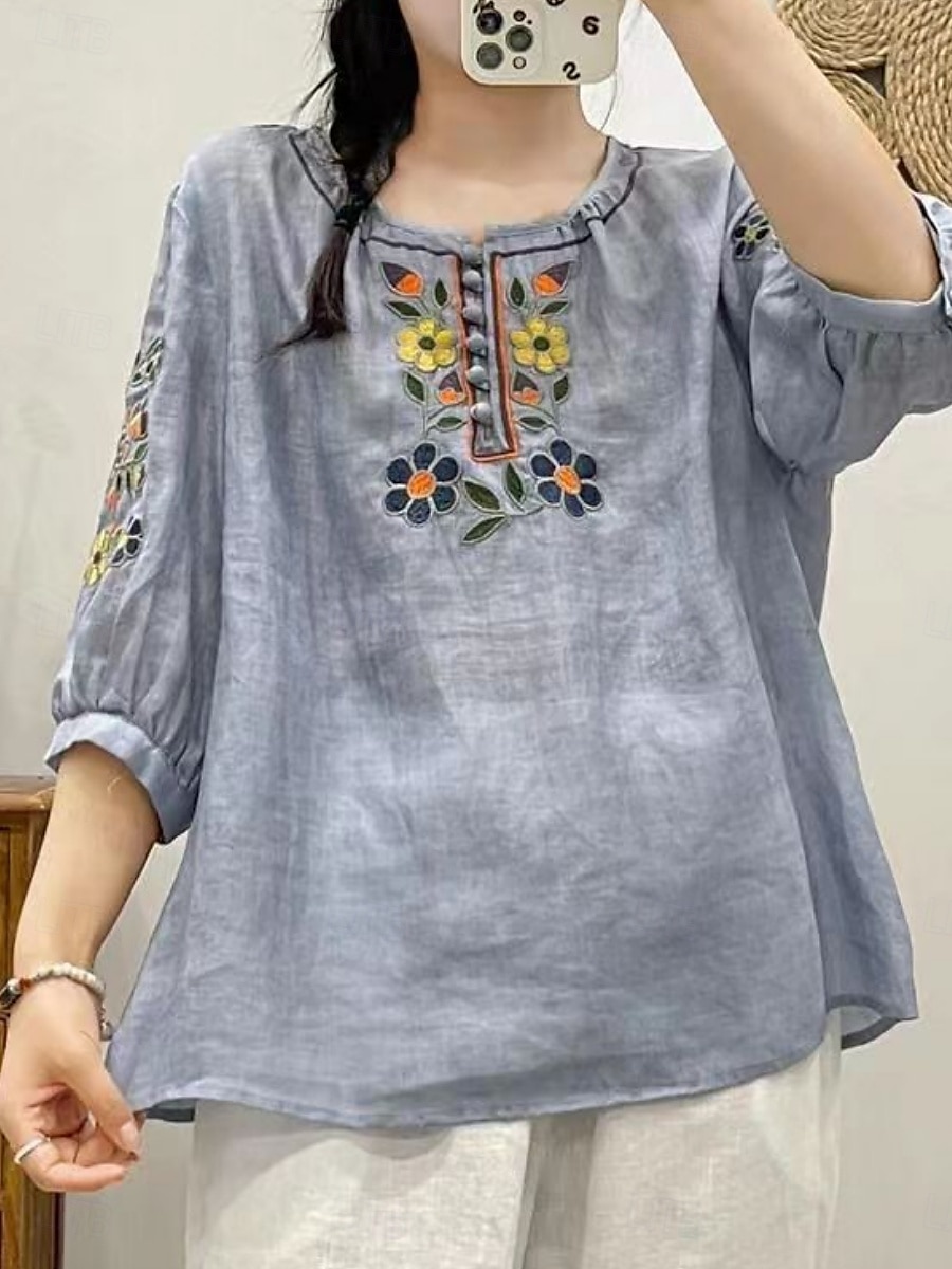 Femmes Chemise Fleuri Élégant Occasionnel Manche 3/4 Col ras du cou Hauts Réguliers Quotidien Broderie Vert Claire Rose Claire Fuchsia Abricot Bleu clair Été Printemps de 2025 ? $19.99 –P16