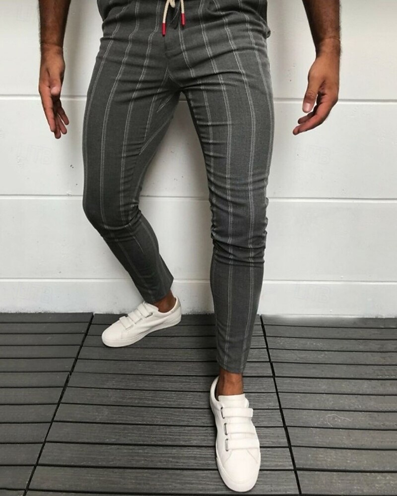 בגדי ריקוד גברים חליפות סקיני מכנסיים צ'ינו כפתורים כיס פסים קומפורט רשמי מפלגה עבודה אופנתי סגנון קלאסי שחור לבן מיקרו-אלסטי 2026 - $22.39 –P4