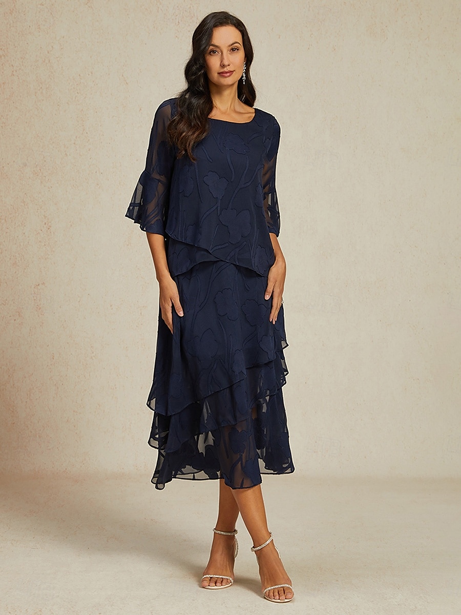 Women's Lace Shirt Blouse Dressy Tops Chiffon Tops Solid Color Elegant Stylish Basic 3/4 Length Sleeve Bell Sleeve Boat Neck Regular Tops Wedding Guest Work Daily Asymmetric Hem Navy Blue Summer 2025 - $59.99 –P6