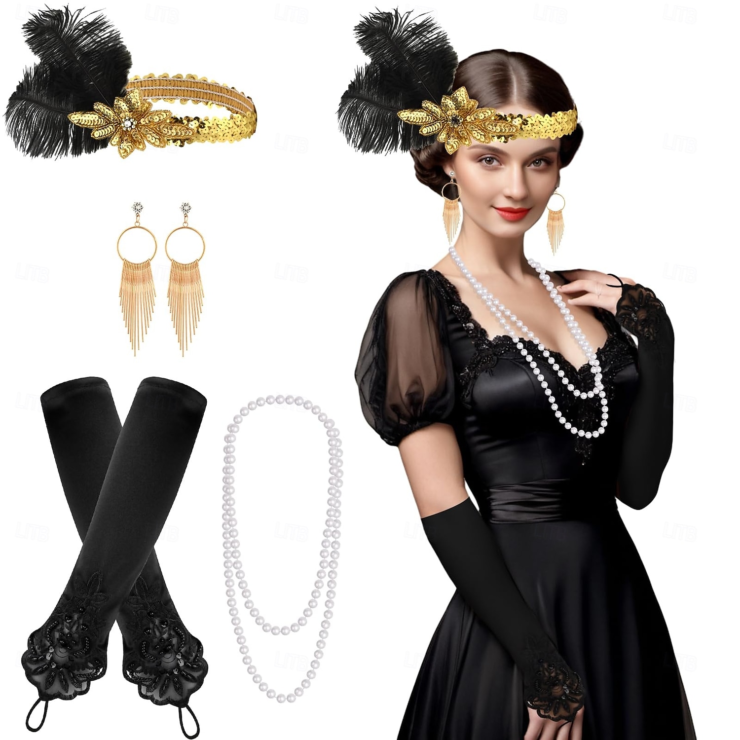 1920-as évek A nagy Gatsby Flapper fejpánt Gyöngyös karkötő Fülbevaló A nagy Gatsby Toll Retro Csillogó glitter Női Farsang Valentin nap Álarcos mulatság Party estélyi viselet Álarcos mulatság 2025 - $23.99 –P1