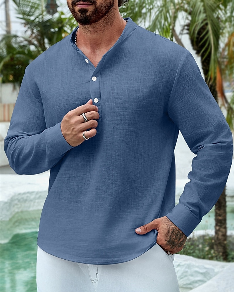 Per uomo Camicia Camicia di lino Camicia popover Camicia casual Camicia di cotone Semplice Vacanza Camicia hawaiana Nero Bianco Giallo Verde chiaro Manica Lunga Colletto alla coreana Primavera Autunno del 2025 a $24.99 –P6