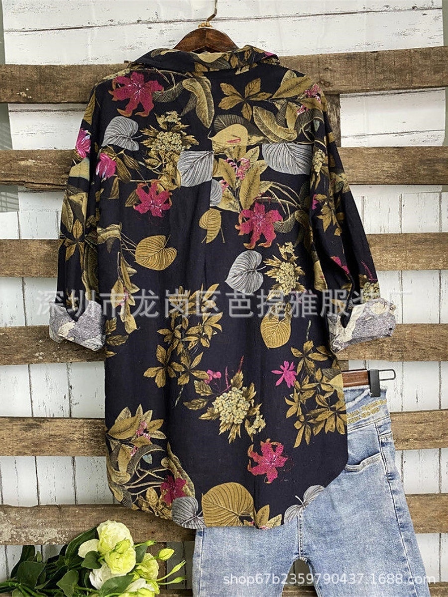Per donna Camicia Floreale Elegante Moderno Casual Manica Lunga Collo a V Top Regolari Quotidiano Stampato Blu marino Viola Cachi Estate del 2025 a $22.99 –P12