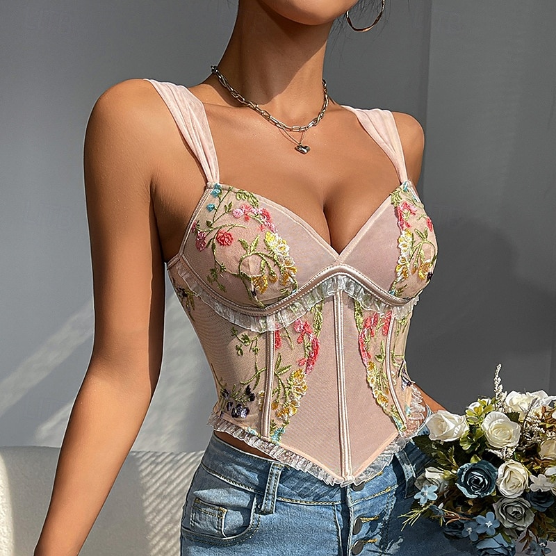 Slim Fit Corset Crop Top Bustier Embroidered Floral Fancy Dress Women's Halloween Carnival Event / Party Adults' Top Corset 2026 - $24.99 –P3