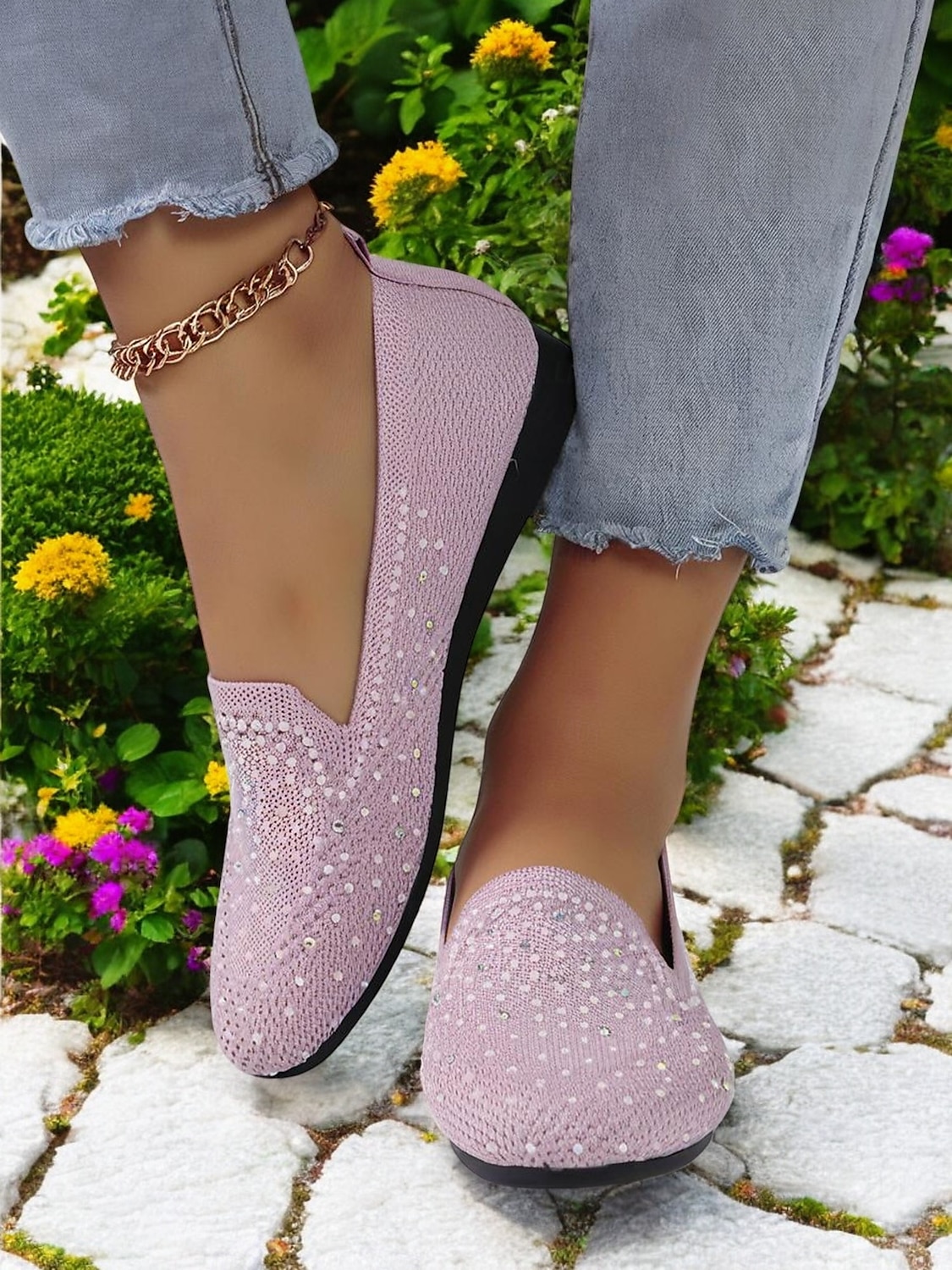 pantofi flyknit strălucitori pentru damă, cu strasuri – pantofi eleganti pentru ținute casual și ieșiri de primăvară 2025 - $19.99 –P4