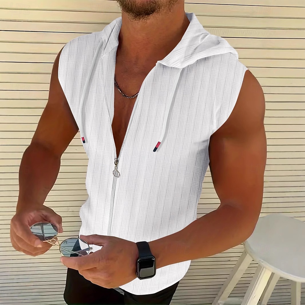 Homens Malha Íntima Moletom com zíper camisa sem manga Sem Manga Com Capuz Verão Listrado Pit Strip Moda Designer Esportivo Zip Completo Ao ar livre Casual Para Noite Rosa Claro Preto Branco Top Tee de 2025 por $16.49 –P5