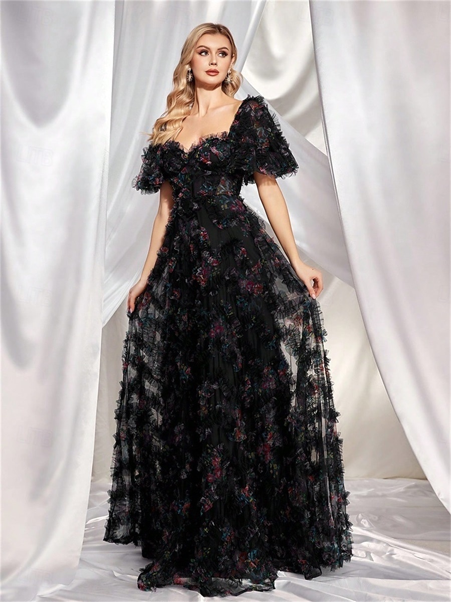 Rochii Invitată la Nuntă Rochie A-Line Corset Gât Îndulcit Mâneci Scurte cu Mâneci Burbă Lungime Podea Tulle cu Micro Volane 2025 - $189.99 –P12