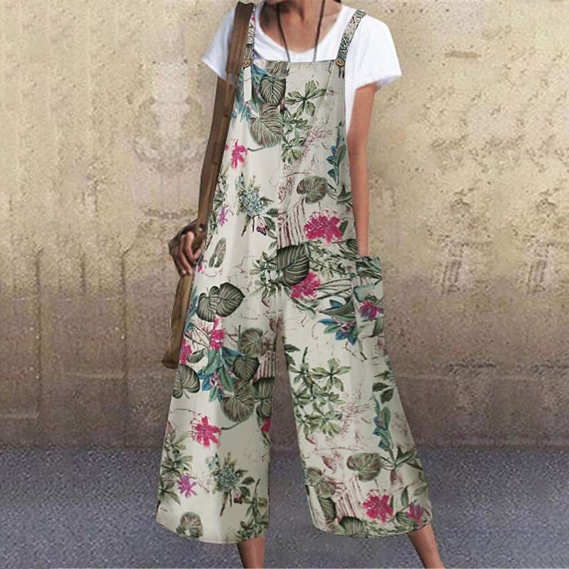 Dámské overaly inspirované lnem, laclové kalhoty, streetwear, květinový střih, bez rukávů, výstřih do U, kapsy, potisk, street, denní, regular střih, žlutá, světle zelená, červená, léto 2025 - $27.99 –P4