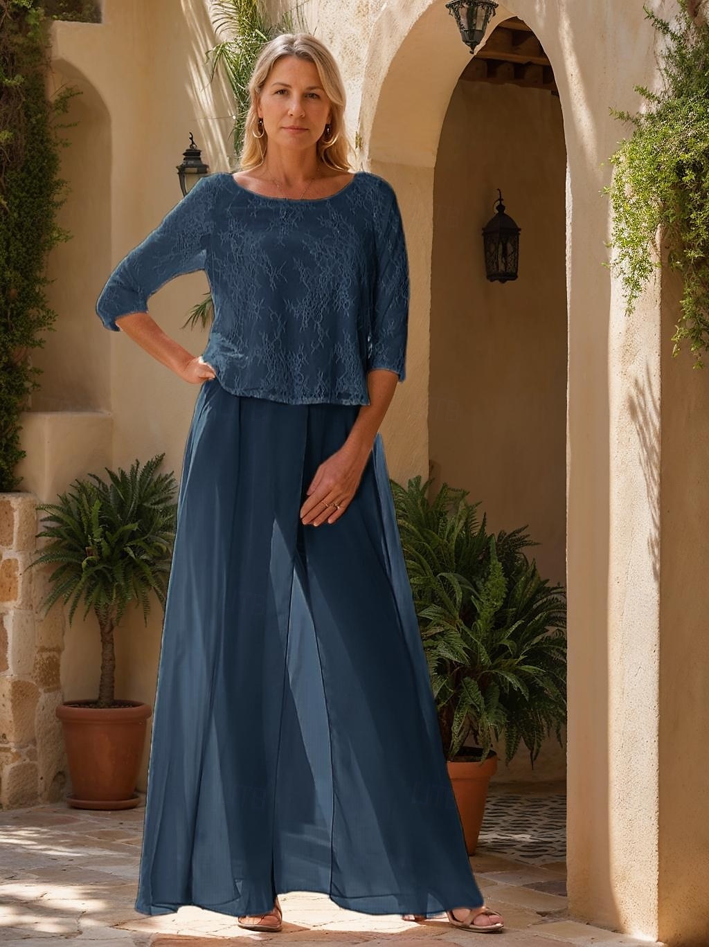 Two Piece Jumpsuit / Pantsuit Mother of the Bride Dress Elegant Simple Minimalist Crew Neck Floor Length Chiffon Half Sleeve with Lace 2025 - $149.99 –P4