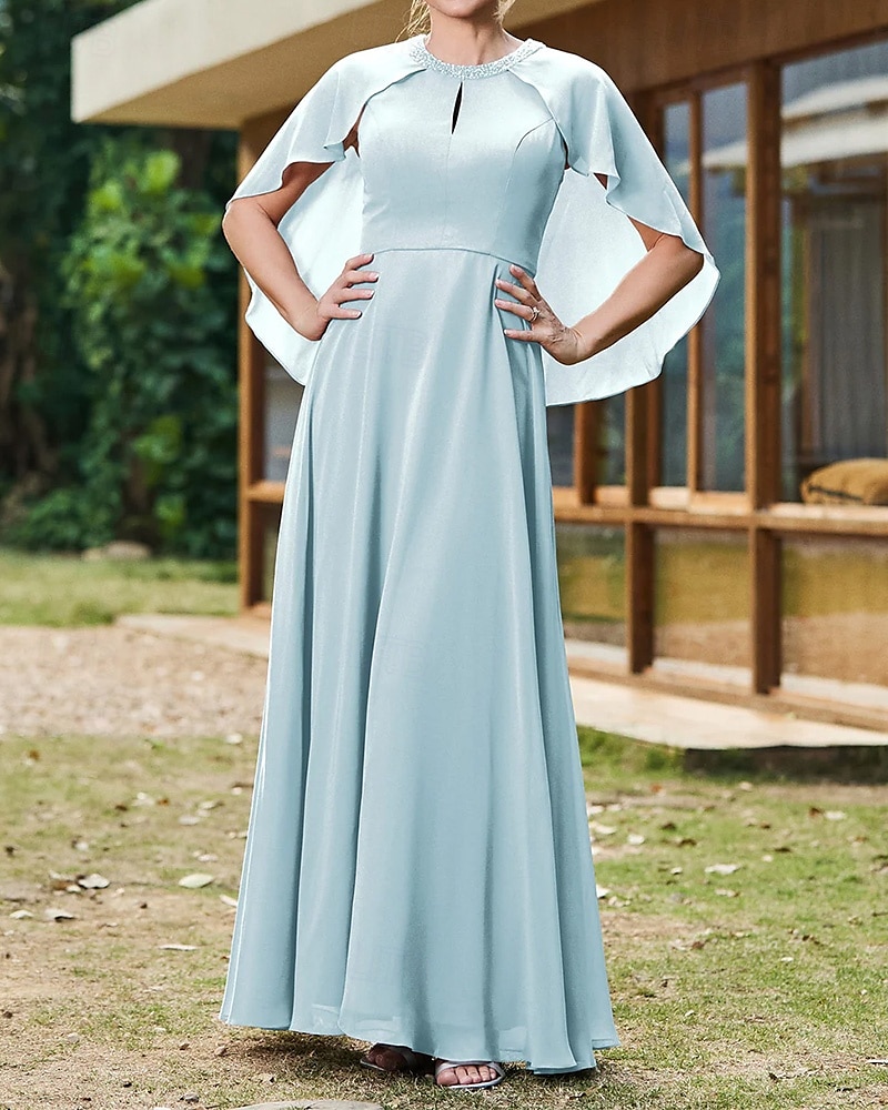 Cape Dress A-Line Mother of the Bride Dress Elegant Simple Wedding Guest Dress Minimalist Crew Neck Floor Length Chiffon Beaded Lace Short Sleeve with Lace Beading 2025 - $148.99 –P7