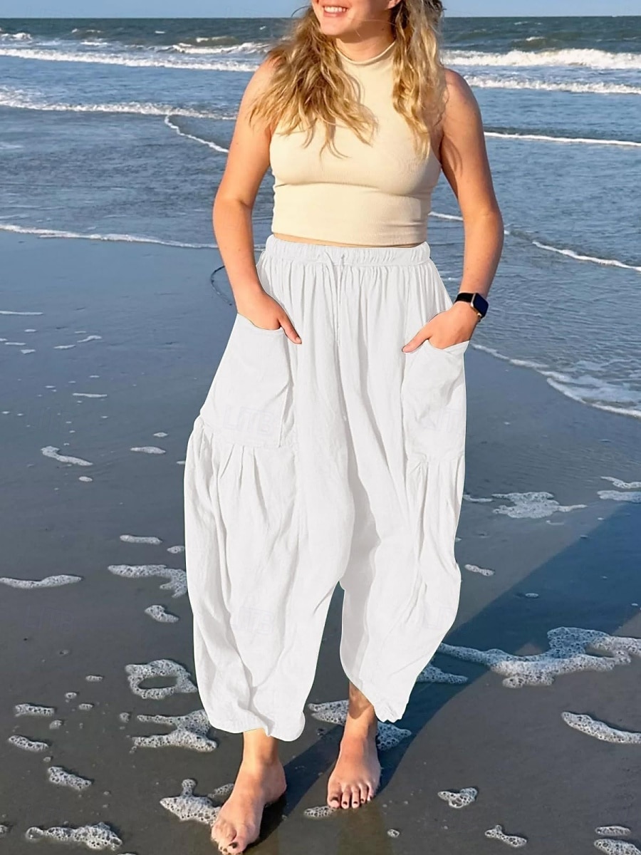 Pantalones baggy de chinos de pierna ancha para mujer Básicos Casual Largos Cintura alta Sencillos Con bolsillo Cinturilla elástica Cómodos Suaves Confortables Micro-elástico Exterior Calle Diaria 2025 - $26.99 –P10