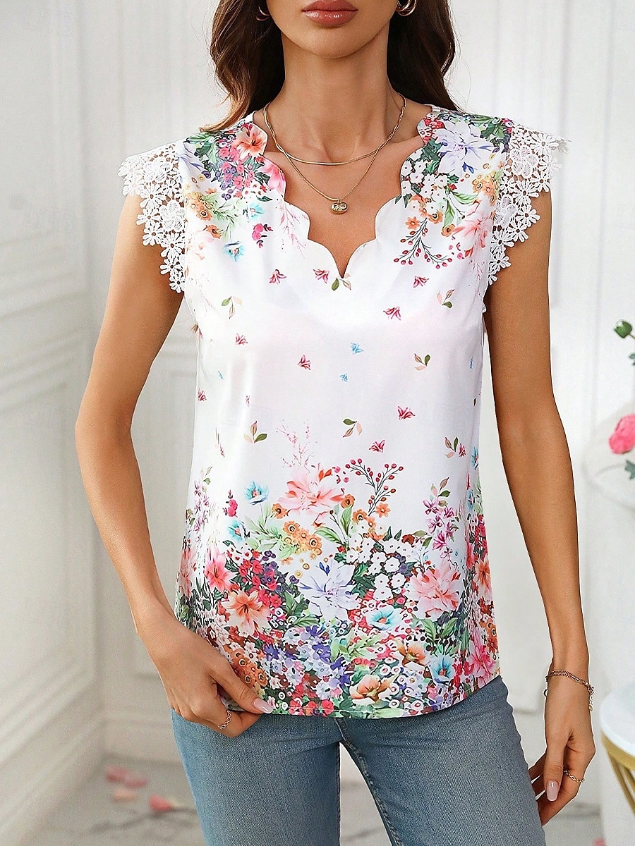 Per donna Canotta a canotta Floreale Grafico Quotidiano Casual Senza Maniche Scollo a V Top Regolari Quotidiano Pizzo Patchwork Stampato Bianco Estate del 2025 a $15.99 –P4