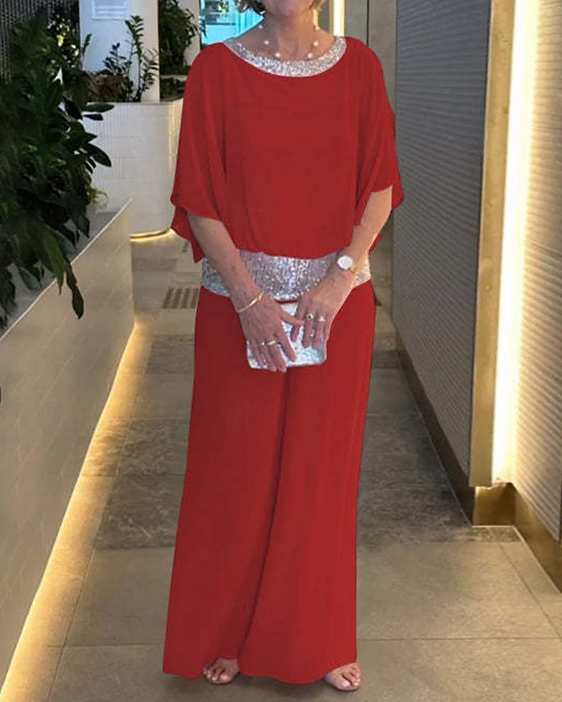 Two Piece Jumpsuit / Pantsuit Mother of the Bride Pantsuit Elegant Vintage Simple Boat Neck Floor Length Chiffon Half Sleeve with Sequin 2025 - $99.99 –P8
