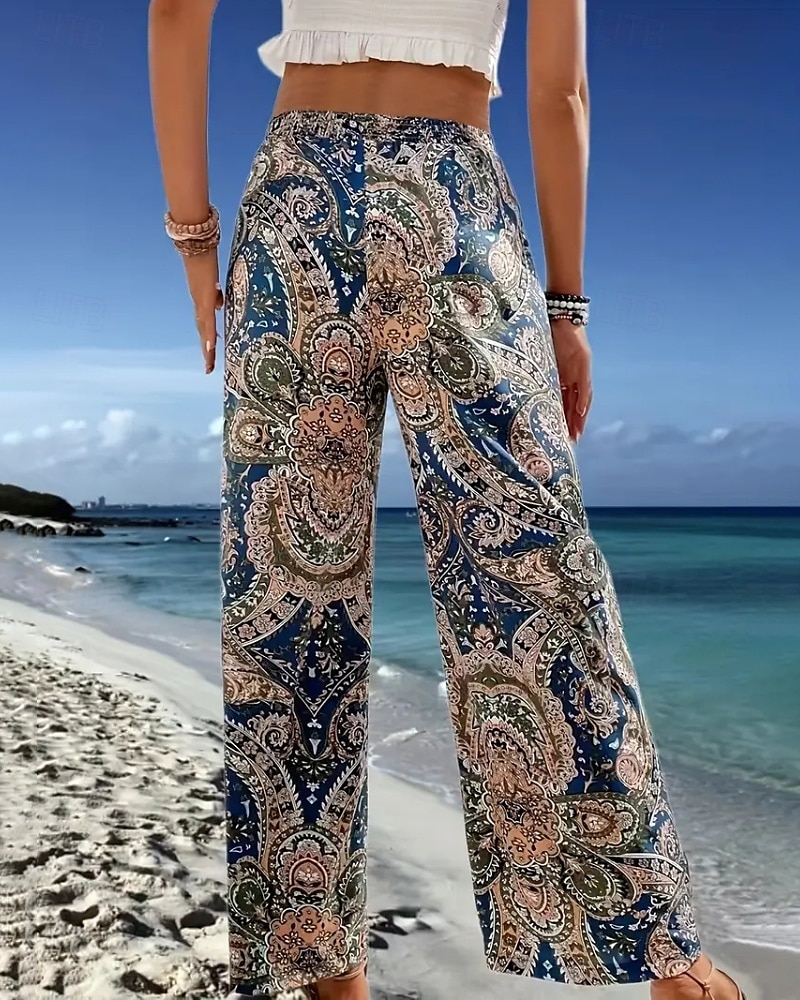 Dame Bukser Mote Bohem Full lengde Naturlig Blomsternål i krystall Elastisk midje Printer comfy Utendørs Bekvem Feriereise Ut på byen Magentafarget Aprikos Marine Blå Sommer Normal 2025 - $16.99 –P5