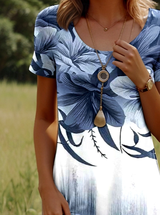 Dam Mini klänning Vardagsklänning T shirtklänning Solklänning A linjeklänning Stylish Ledigt Strand Normal Nyans Blommig Grafisk Kortärmad Rund hals Rundhals Dammig blå Ljusblå Sommar Vår 2025 - $23.99 –P2