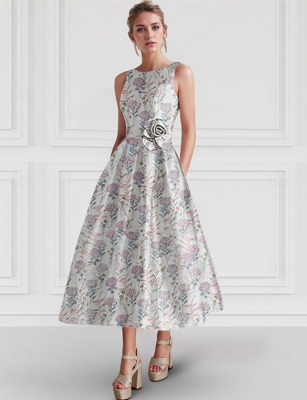 Abiti da Cocktail A-Line in Jacquard Floreale Elegante Abito Matrimonio Formale Lunghezza Alla Caviglia Senza Maniche Collo a Giro Nylon con Stampa Floreale Abito per Invitati Matrimonio del 2025 a $129.99 –P4