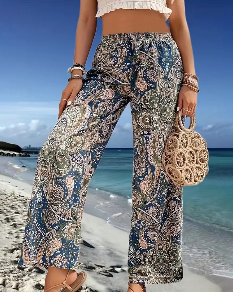 Dame Bukser Mote Bohem Full lengde Naturlig Blomsternål i krystall Elastisk midje Printer comfy Utendørs Bekvem Feriereise Ut på byen Magentafarget Aprikos Marine Blå Sommer Normal 2025 - $16.99 –P4
