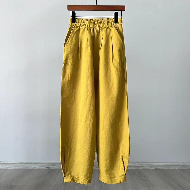 Mulheres Calças de linho de algodão Calças Roupa de rua Casual Comprimento total Natural Tecido Bolsos Cintura elástica Confortável Rua Para Noite Adamascado Preto Branco Amarelo Verão Normal de 2025 por $43.99 –P5