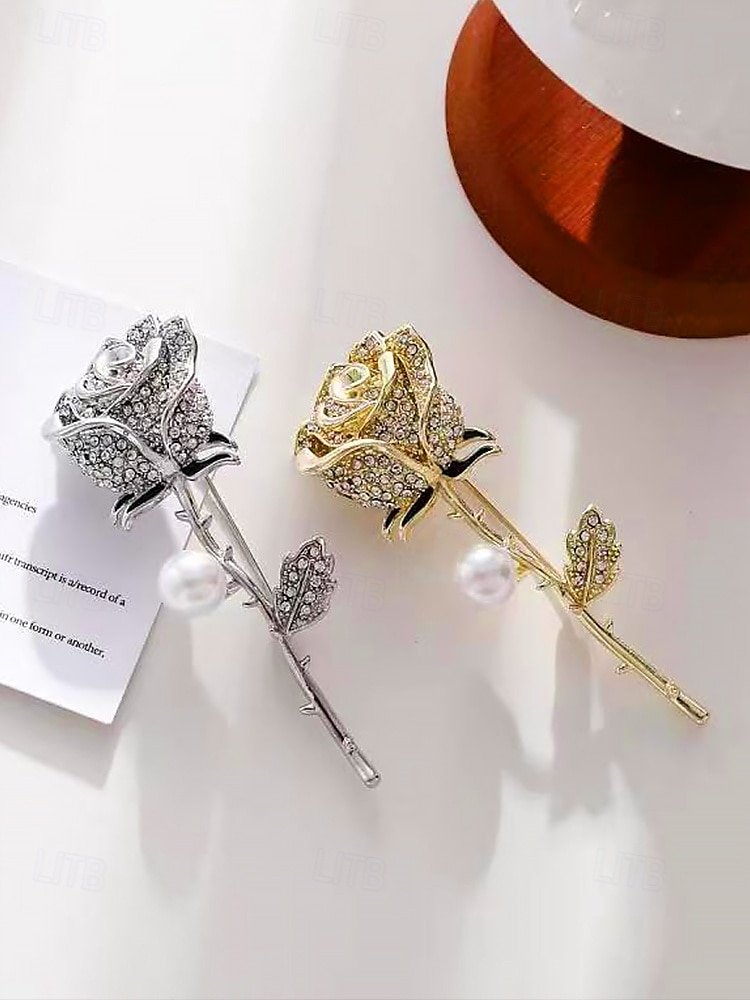 elegante Rosenblütenbrosche mit Perle – mit Strasssteinen besetzte Vintage-Anstecknadel für Damen, ideal als Muttertagsgeschenk, für formelle Anlässe und Blazer 2025 - $9.99 –P5