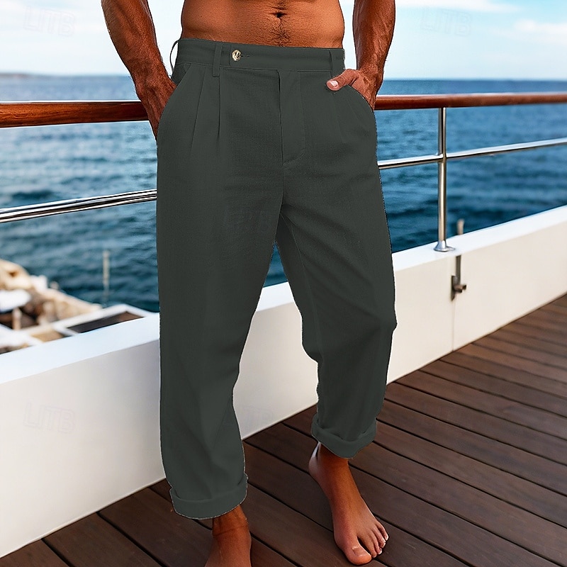 Herr Linne Byxor Långbyxor Sommarbyxor Strandbyxor Ficka Slät Komfort Andningsfunktion Semester Dagligen Helgdag Hawaiisk Boho gurkmeja Svart 2025 - $22.99 –P7