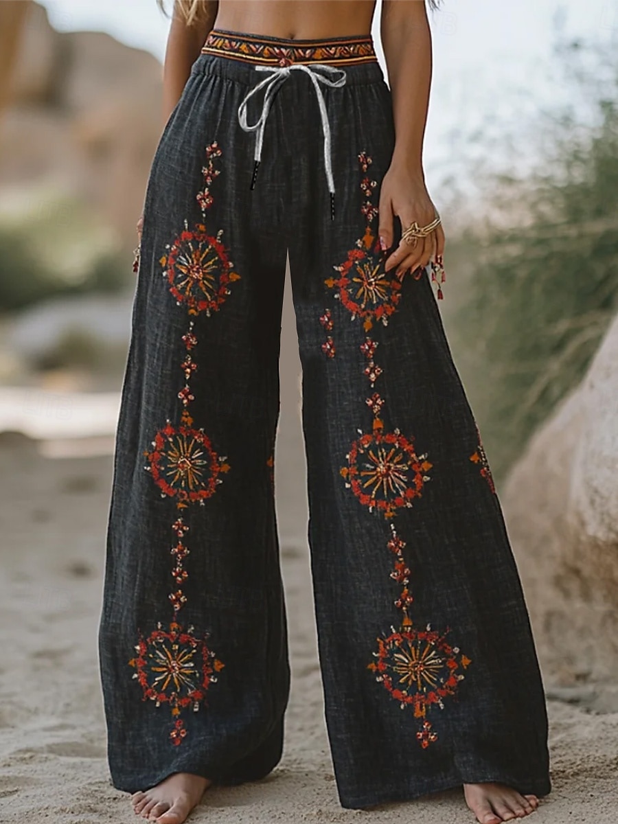 Women's Wide Leg Chinos Baggy Pants Vacation Vintage Ethnic Style Full Length High Waist Floral Graphic Printing Thermal Warm Breathable Soft Micro-elastic Vacation Street Causal Sky Blue And White 2025 - $24.99 –P2