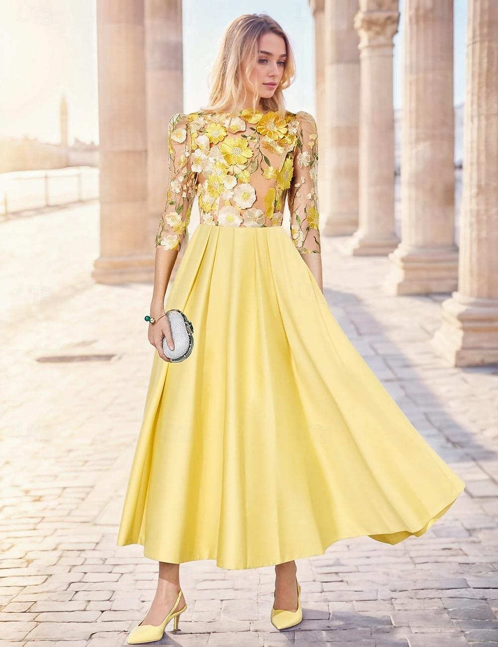 Floral A-Line Embroidered Yellow Cocktail Dresses Elegant Dress Formal Wedding Ankle Length 3/4 Length Sleeve Illusion Neck Satin with Pocket 2025 - $127.99 –P1