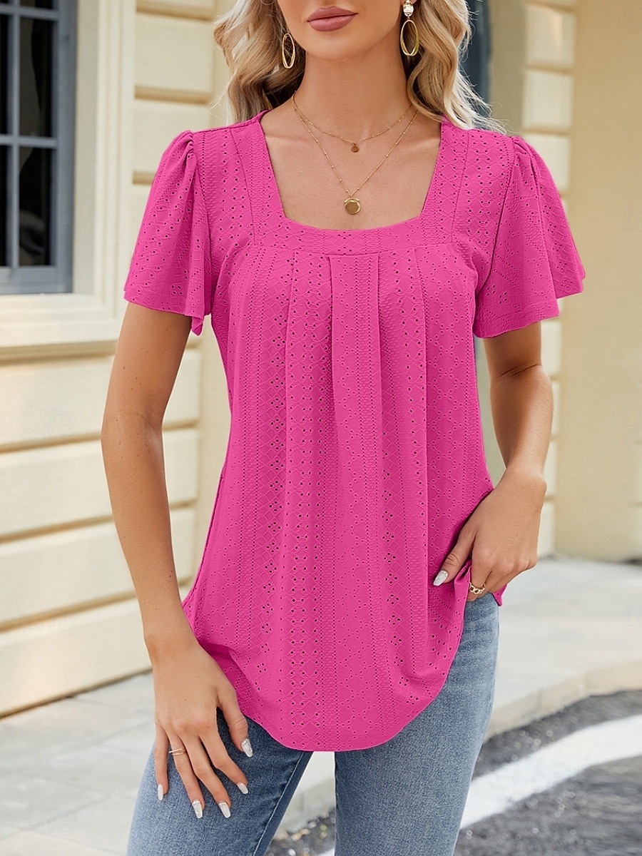 Tricou pentru Femei Culoare Uniformă Grafică Simplă Modă Stilat Clasic Mâneci Scurte Gât Pătrat Ținute Zilnice Weekend Alb Roz Violet Fuchsia Vară Primăvară 2025 - $17.99 –P4