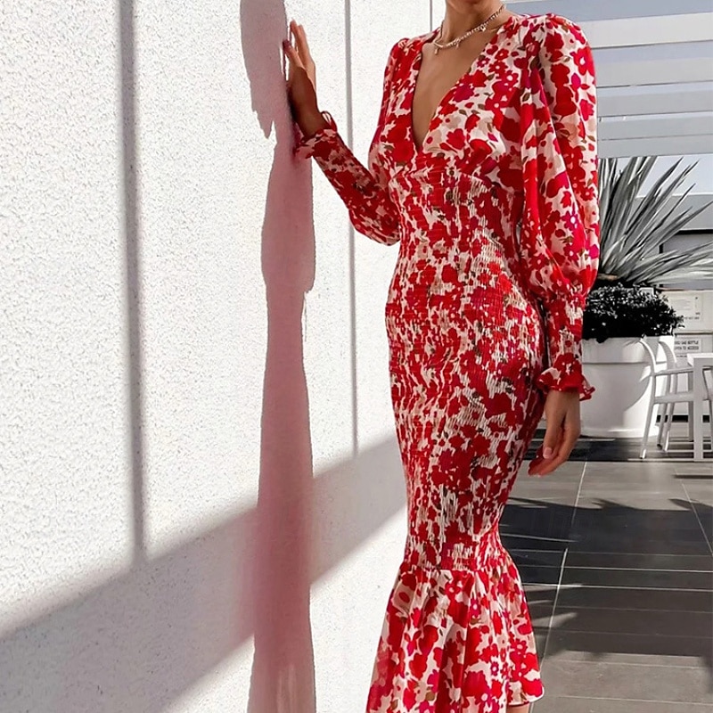Dames Halflange jurk Bodycon Bloemetjesjurk Jurk met print Modieus Modern Buiten Vakantie Feestdagen Normale pasvorm Bloem Lange mouw V-hals Rood Groen Khaki Zomer 2025 - $26.99 –P3