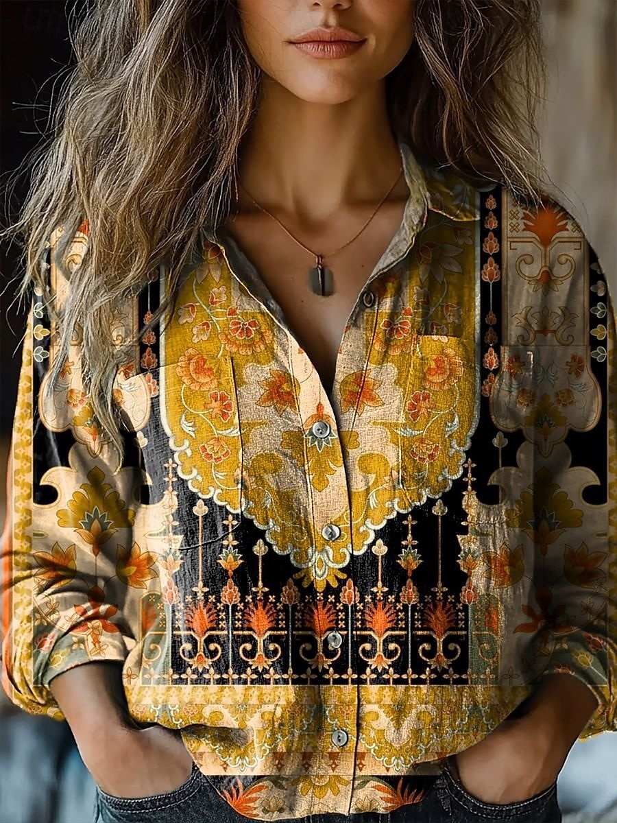 Per donna Camicia Camicia Boho Tasca Bottoni Stampato Floreale Paisley Elegante Moderno Manica Lunga Colletto a Camicia Top Regolari Quotidiano Ferie Blu Marrone rossastro Nero Giallo Vino Estate del 2026 a $27.99 –P1