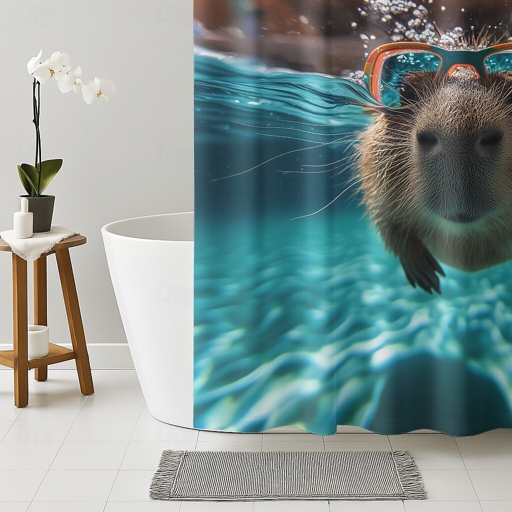 Duschdraperi med Krokar 180cm*180cm(70"*70") Polyester Tvättbar Vattentät Mönster Badrum Badkar Dekor Djur Capybara 2025 - $19.99 –P4