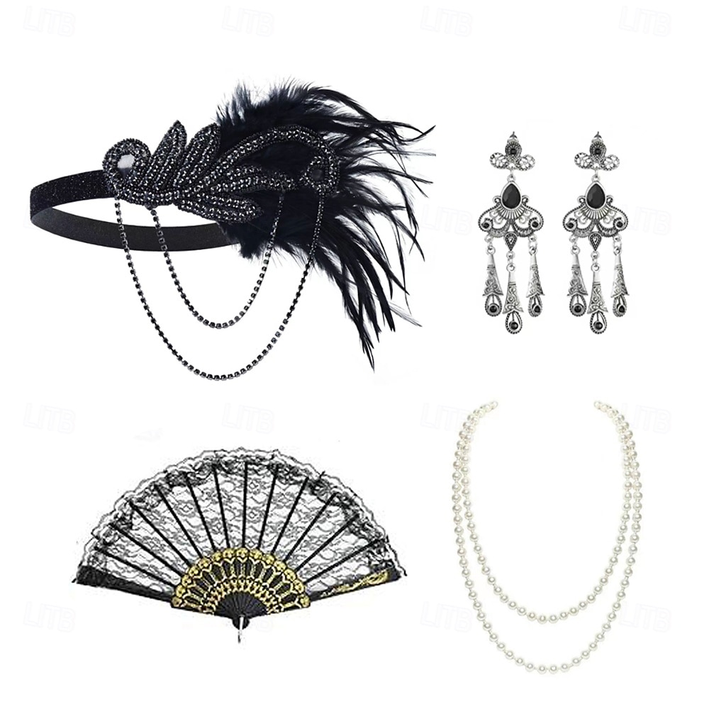 1920-as évek A nagy Gatsby Flapper fejpánt Gyöngyös karkötő Fülbevaló A nagy Gatsby Toll Retro Csillogó glitter Kristály / Strassz Női Farsang Valentin nap Álarcos mulatság Party estélyi viselet 2025 - $23.99 –P2