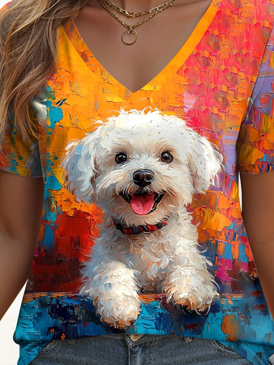 Femmes T-shirt Graphique Animal Chien ancien Élégant Occasionnel Manche Courte Col en V Hauts Réguliers Quotidien Imprimé Jaune Bleu Orange Bleu clair Été Printemps de 2025 ? $19.99 –P3