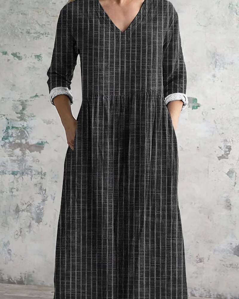 Per donna Abito Midi Abito in cotone e lino Abito Boho Classico All'aperto Vacanza Ferie Vestibilità regolare A righe Manica Lunga Scollo a V Nero Albicocca Estate del 2025 a $32.99 –P3