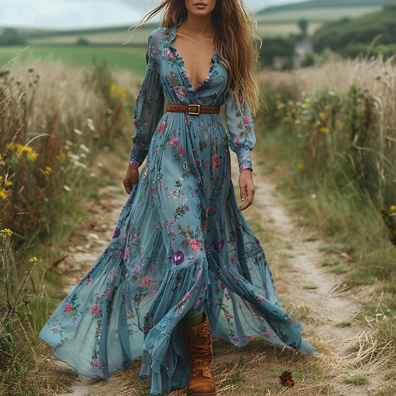 Damen Langes Kleid Maxikleid Blumenkleid Boho-Kleid Westernkleid Elegant Mode Modern Outdoor Urlaub Täglich Normale Passform Blume Langarm V Ausschnitt Blau Sommer 2025 - $36.99 –P1