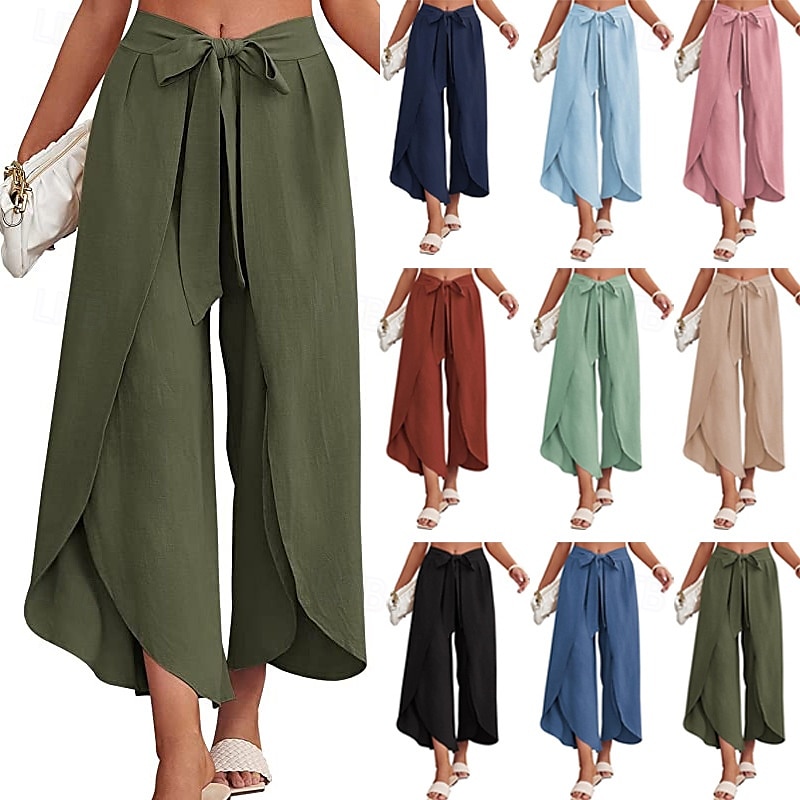 Per donna Pantaloni in cotone e lino Pantaloni Eleganti Casual Lunghezza intera Naturale Semplice Elastico in vita All'aperto Confortevole Streetwear Uscire Aalbicocca Giacinto Blu cielo chiaro Nero del 2025 a $27.99 –P1