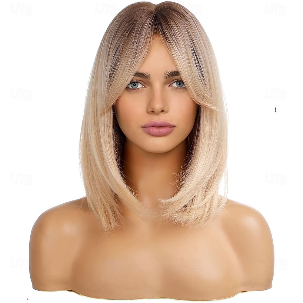 blonde pruiken voor vrouwen schouderlang gelaagd haar met donkere wortels synthetische korte pruik met pony voor dagelijks gebruik of cosplay 2025 - $25.99 –P3