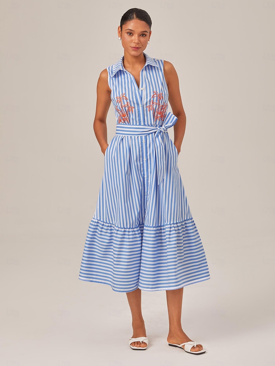 Sommerliches, gestreiftes, besticktes, ärmelloses, mittellanges Kleid 2025 - $74.99 –P1