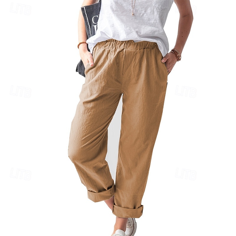 Per donna Pantaloni in cotone e lino Pantaloni Eleganti Casual Lunghezza intera Naturale Semplice Tasca Elastico in vita All'aperto Confortevole Streetwear Uscire Magenta azzurro cielo Grigio Nero del 2025 a $24.99 –P6