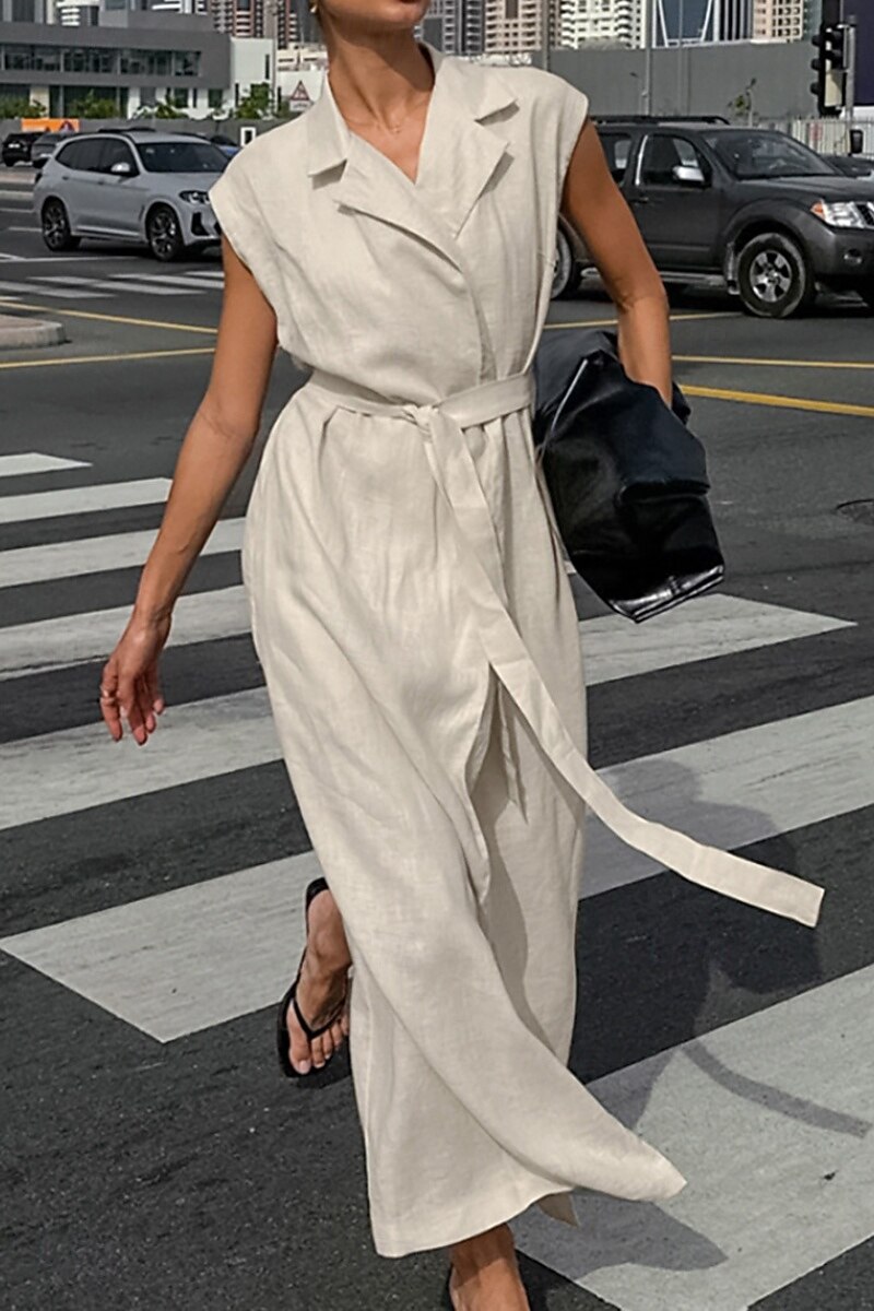 Femmes Robe Midi Robe Chemise Robe en coton et lin Moderne Quotidien Sortir Week-end Coupe régulière Uni Sans manches Col de chemise Kaki Été de 2025 ? $38.99 –P2